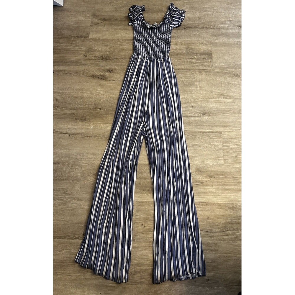 For Justify XL Blue White Stripe Smocked Wide Leg Off Shoulder Jumpsuit Romper - Picture 7 of 13